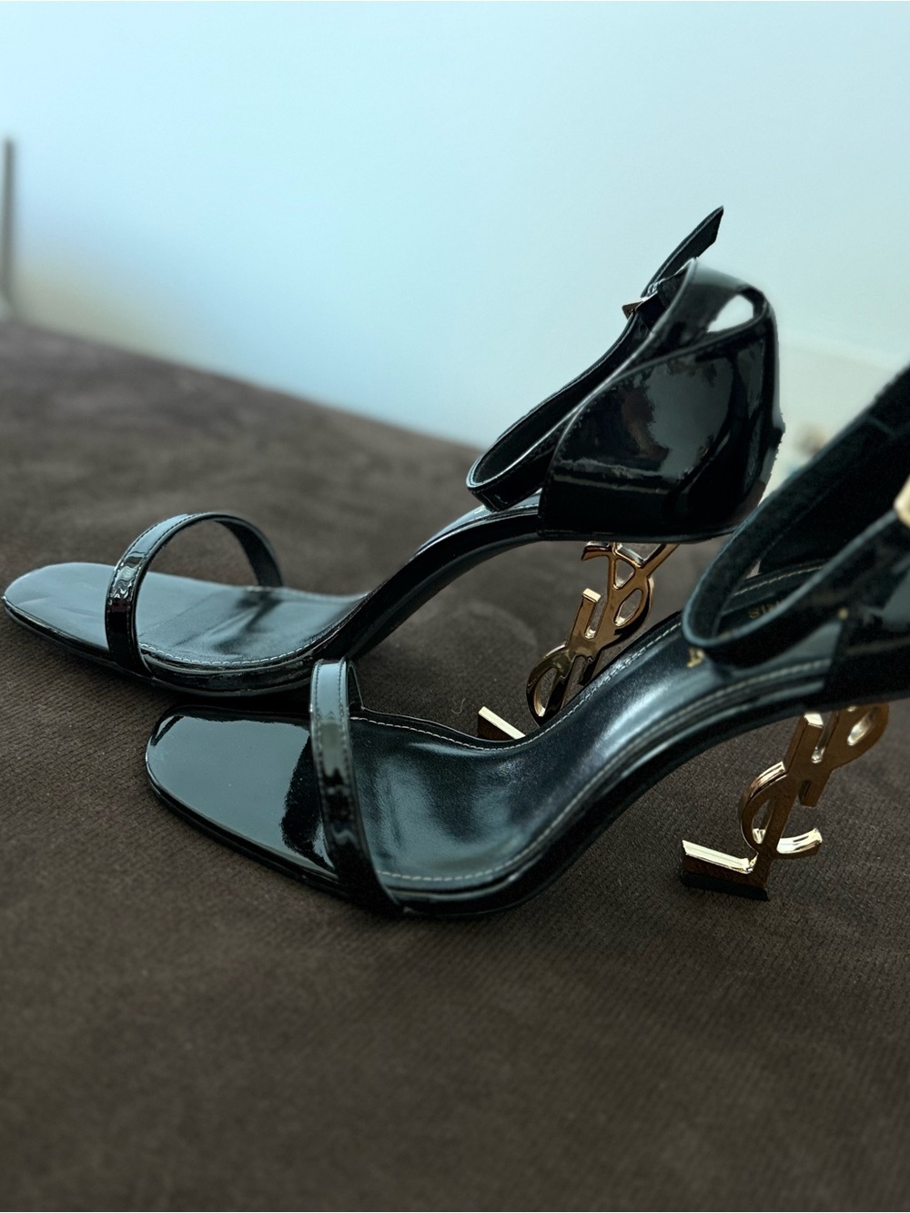 Louis Vuitton Black Patent Sandals with Gold LV Logo Heels